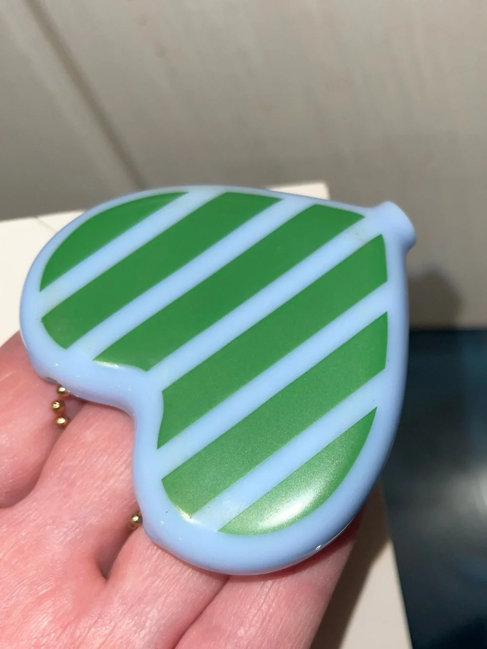 Silicone Heart Coin Pouch Keychain in Light Blue with Green Stripes NWT see pics